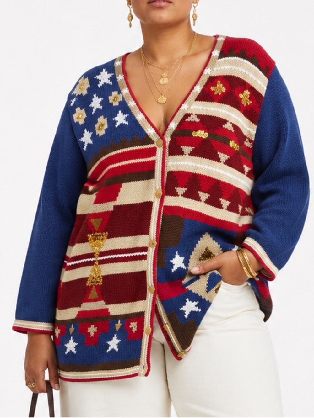 Storybook Knits Vintage Red Navy Cream Beaded‎ Button Down Sweater Cardigan 2X